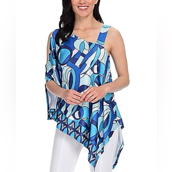 Kate & Mallory Womens Blue Geometric Print Cold Shoulder Tunic Blouse Size Med - Picture 1 of 8
